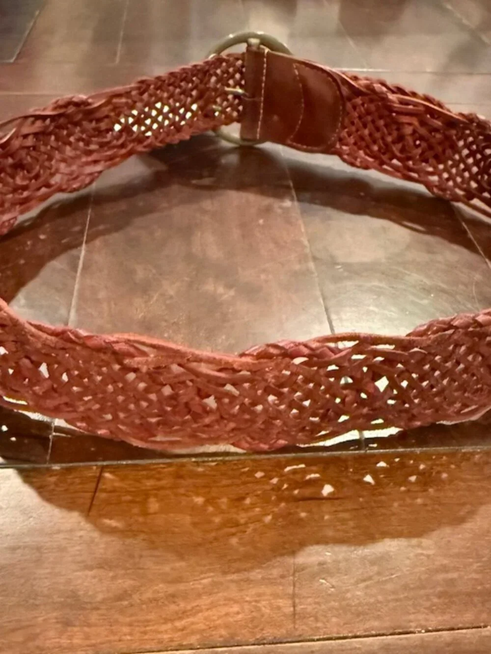 New! Brown Leather Braided Belt Brass Tone Buckle